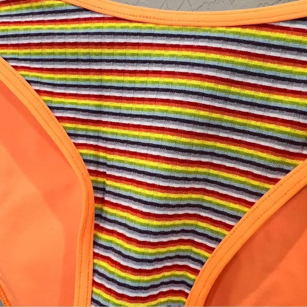 Frankies Bikinis Catalina Rib Stripe Bikini Bottom Rainbow Orange Retro XL NEW